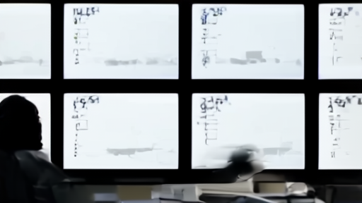 A wall of dark television monitors in a Gulf wire-service newsroom, each labelled with a different foreign-ministry name, all screens showing empty briefing podiums.