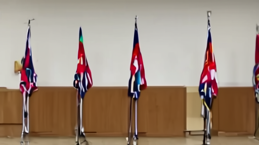 Six empty press-conference podiums in a row with flag stands behind each, no speakers visible, abandoned briefing room.