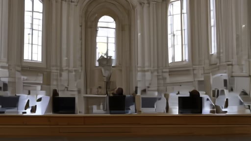Five empty chairs at a long dais in the Vatican Synod Hall, name placards facing the camera, papal chair set behind, mid-morning light from arched windows.