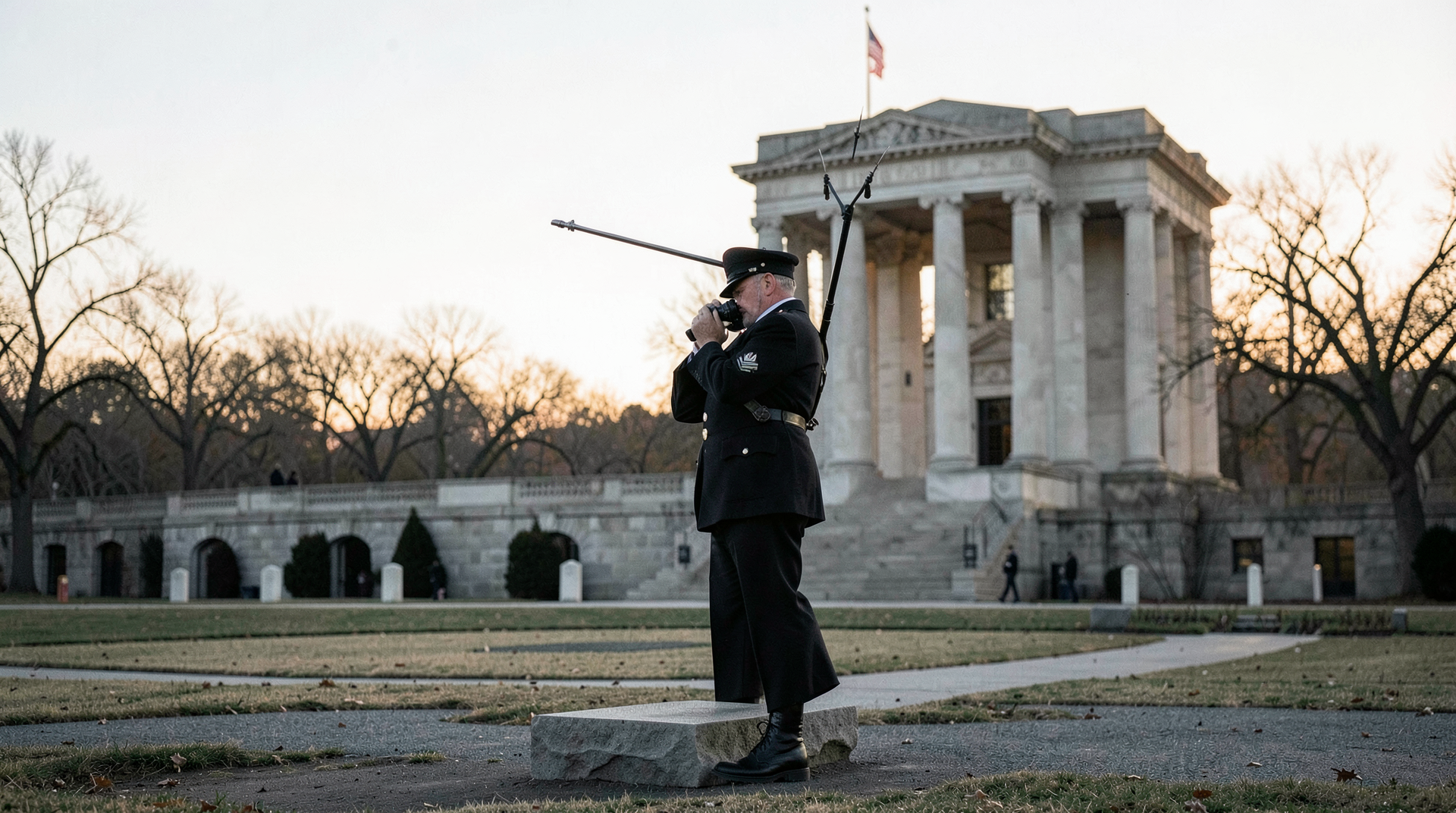 A sentinel of the Tomb of the Unknown Soldier mid-rotation at dawn at Arlington National Cemetery, no spectators visible