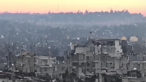 Dawn over a residential block in a Ukrainian provincial town with rescue lights playing on a partially collapsed apartment facade, no people visible in the foreground.