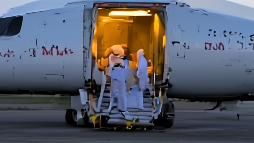 A medical evacuation aircraft on a Frankfurt tarmac with crew loading a biocontainment isolation unit through the cargo door.