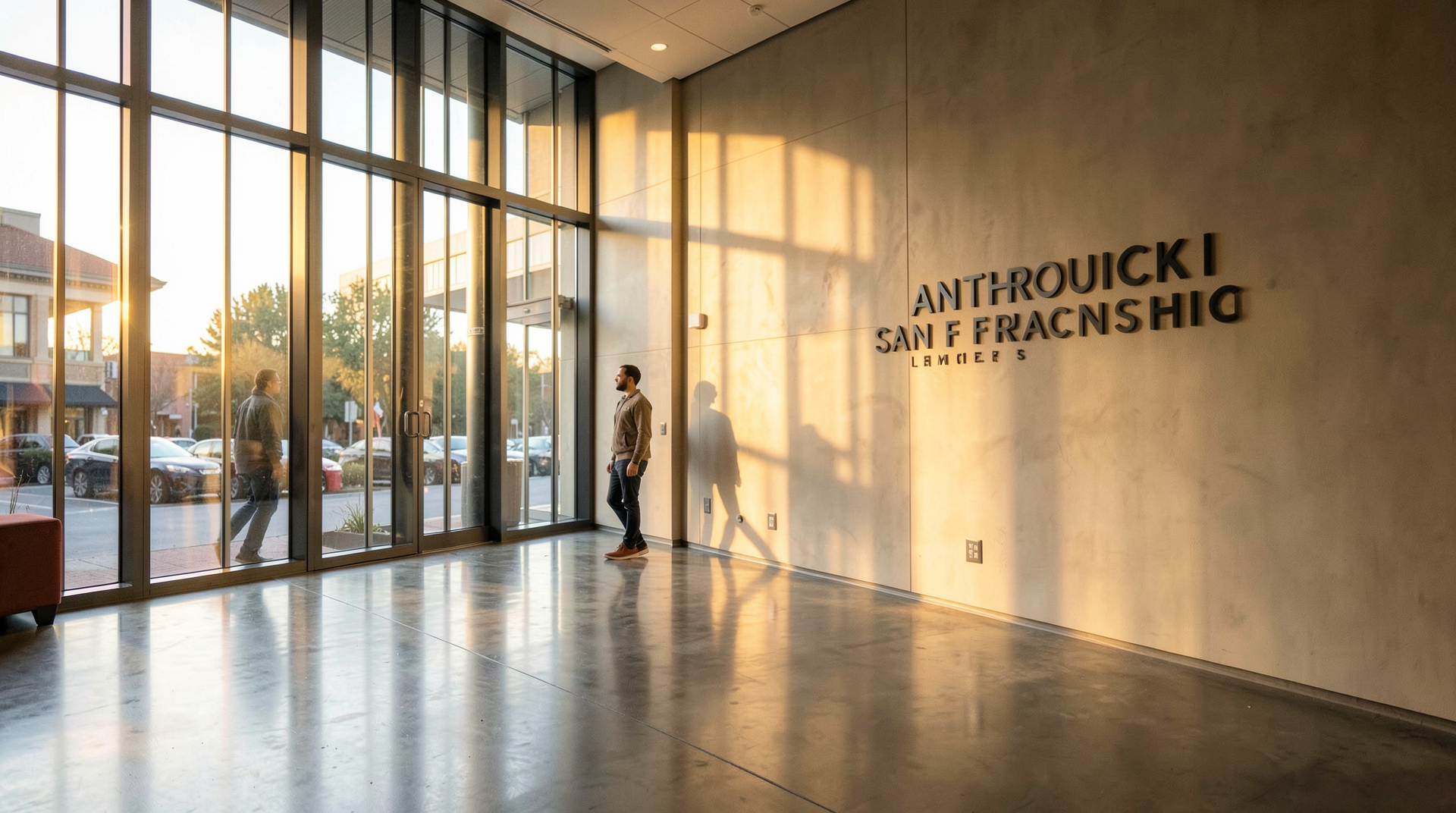 The Anthropic San Francisco lobby in late-afternoon light with a single staff member walking past a partially visible sign