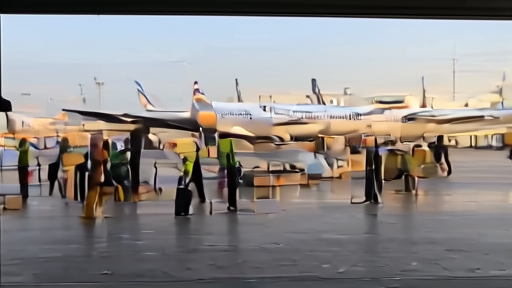 Brazilian airline crew briefing in São Paulo with planes visible through a hangar window