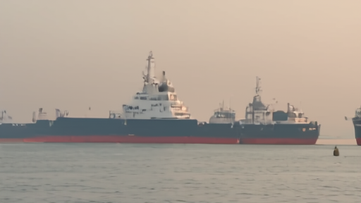 Queue of commercial tankers at anchor outside the Strait of Hormuz at dawn with an Iranian patrol vessel in the middle distance.