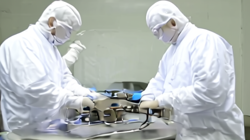 A Cerebras CS-3 wafer-scale processor on a clean-room bench under engineering inspection.