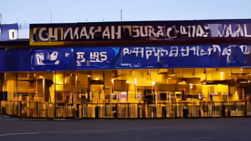 The Puskás Aréna exterior in Budapest at dusk with Champions League banners on the facade and a security perimeter visible in the foreground.