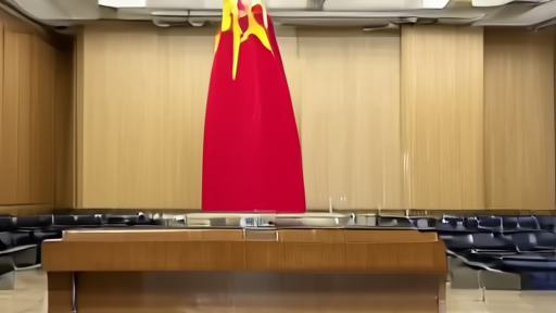 The MFA briefing podium in Beijing with an empty room and Chinese flag visible