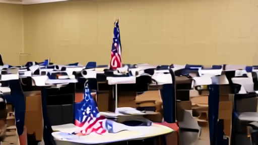 A polling station in suburban Houston at dusk with two voters at booths and a precinct worker tallying behind them.