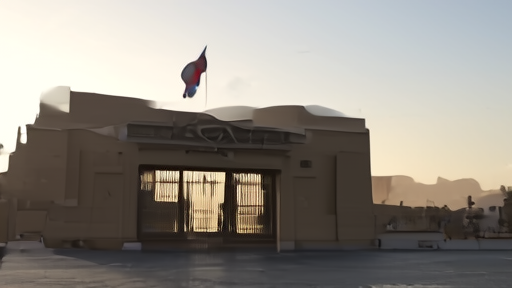 The Oman Foreign Ministry building exterior in Muscat with a guard at the gate and the Omani flag overhead in early-morning light.