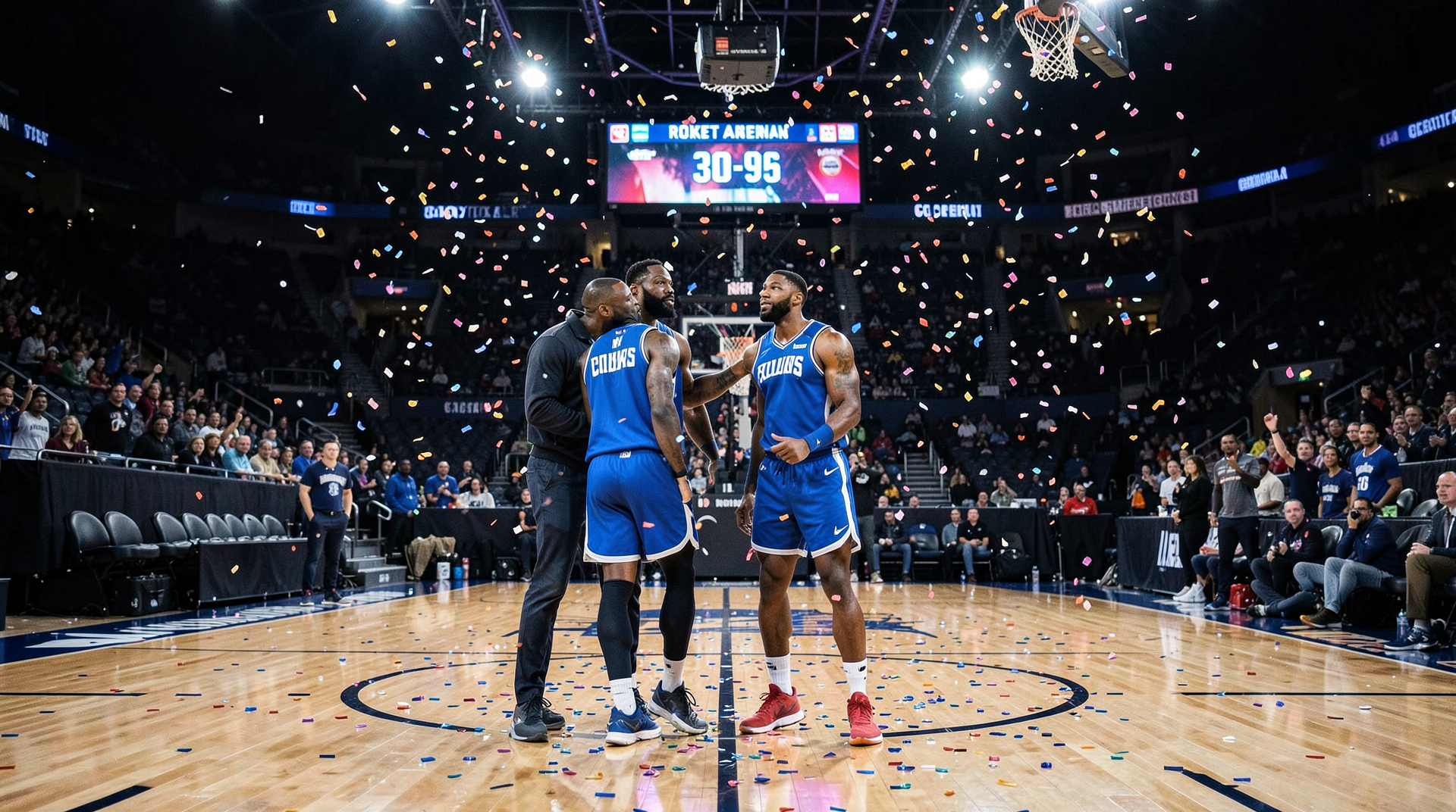 Karl-Anthony Towns and Jalen Brunson at center court at Rocket Arena under falling confetti with a darkened Cavaliers bench in the background