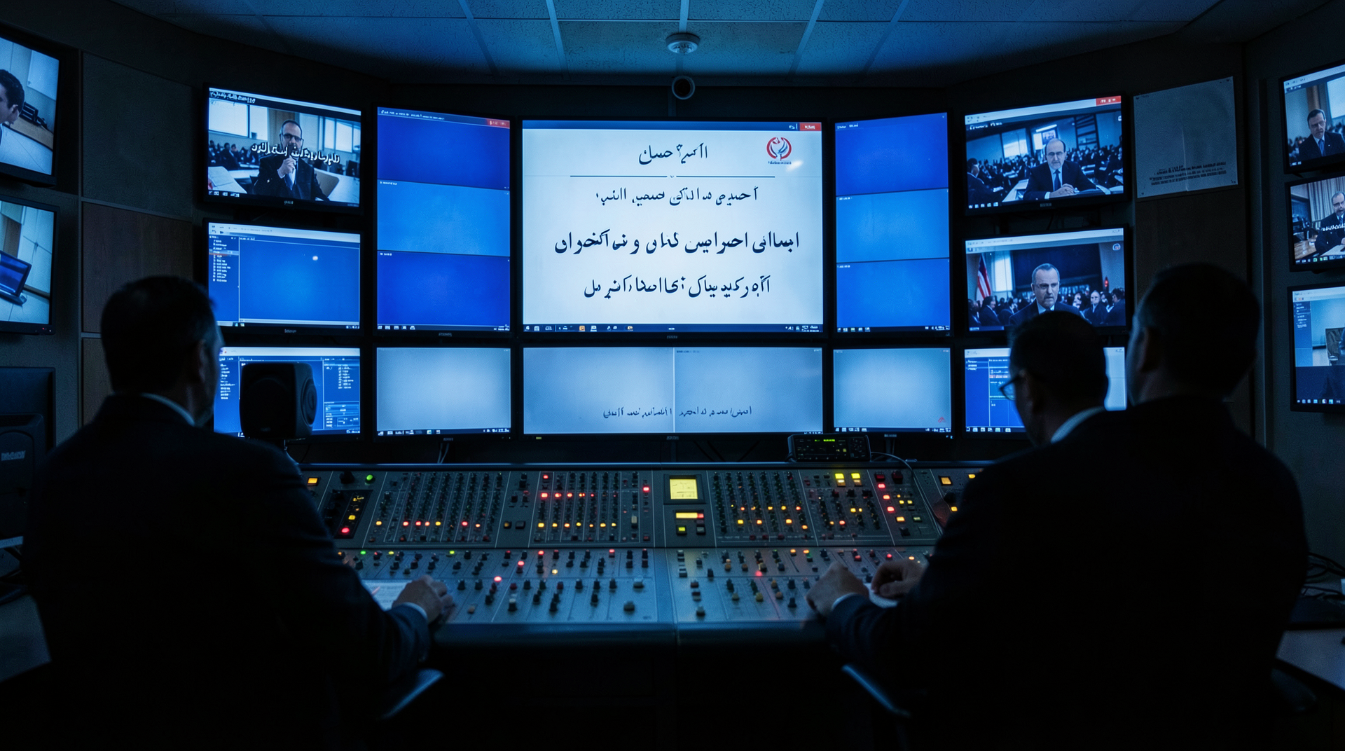 An Iranian state television control room with a wall of monitors carrying the broadcast feed of a statement card