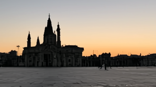 The empty Namugongo basilica plaza with a single priest crossing the foreground at dusk.