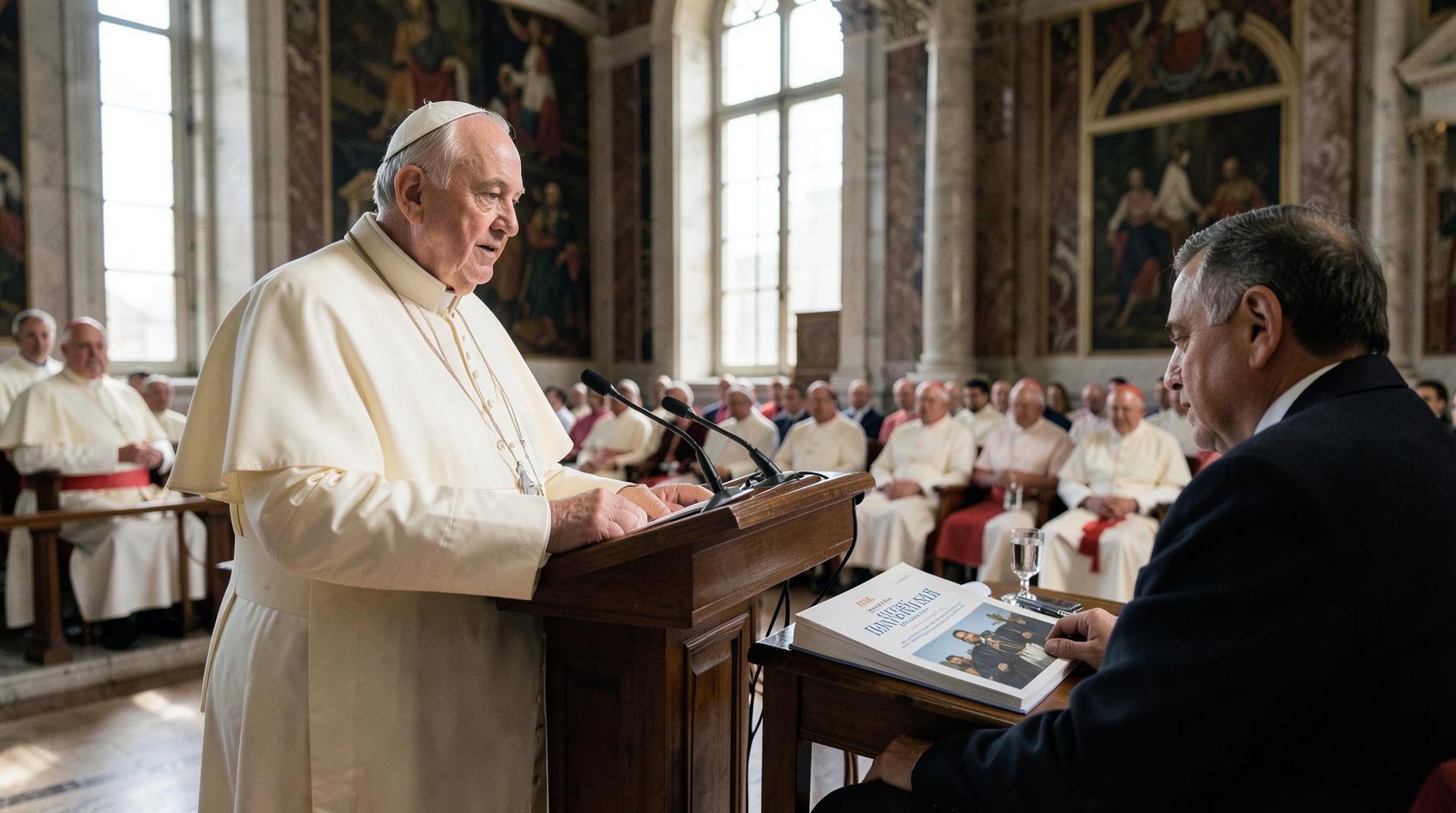 Pope Leo XIV at the Synod Hall lectern with Chris Olah seated to his right during the Magnifica Humanitas presentation