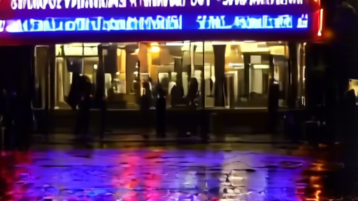 Cinema marquee at night reading a tribute slate of names with a few mourners gathered outside