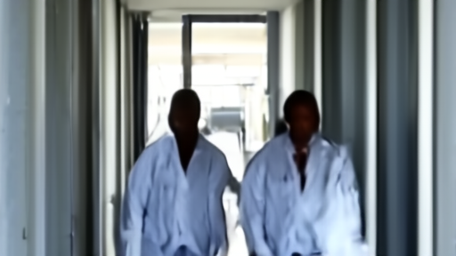 Professor Salim Abdool Karim in a Durban hospital corridor with a colleague, daylight through a tall window, both in white coats.