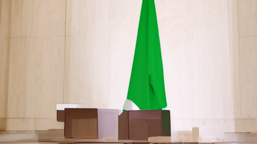 An empty Saudi Foreign Ministry press room with podiums and flags untouched in late afternoon light.