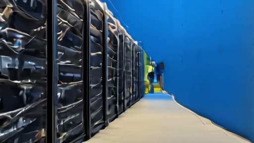 The Colossus II data hall in dim blue light with rows of GPU racks visible behind a glass partition.