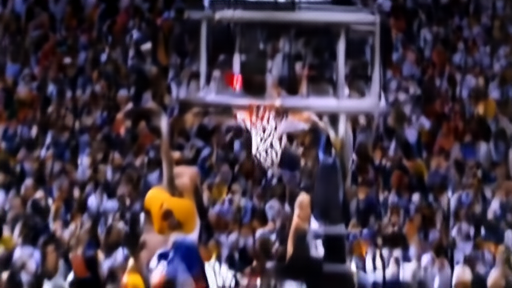 Victor Wembanyama mid-dunk over a Thunder defender with the Frost Bank Center crowd behind him.