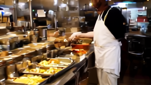 A Chicago Italian beef restaurant kitchen at service rush with a chef calling an order across a stainless steel pass.