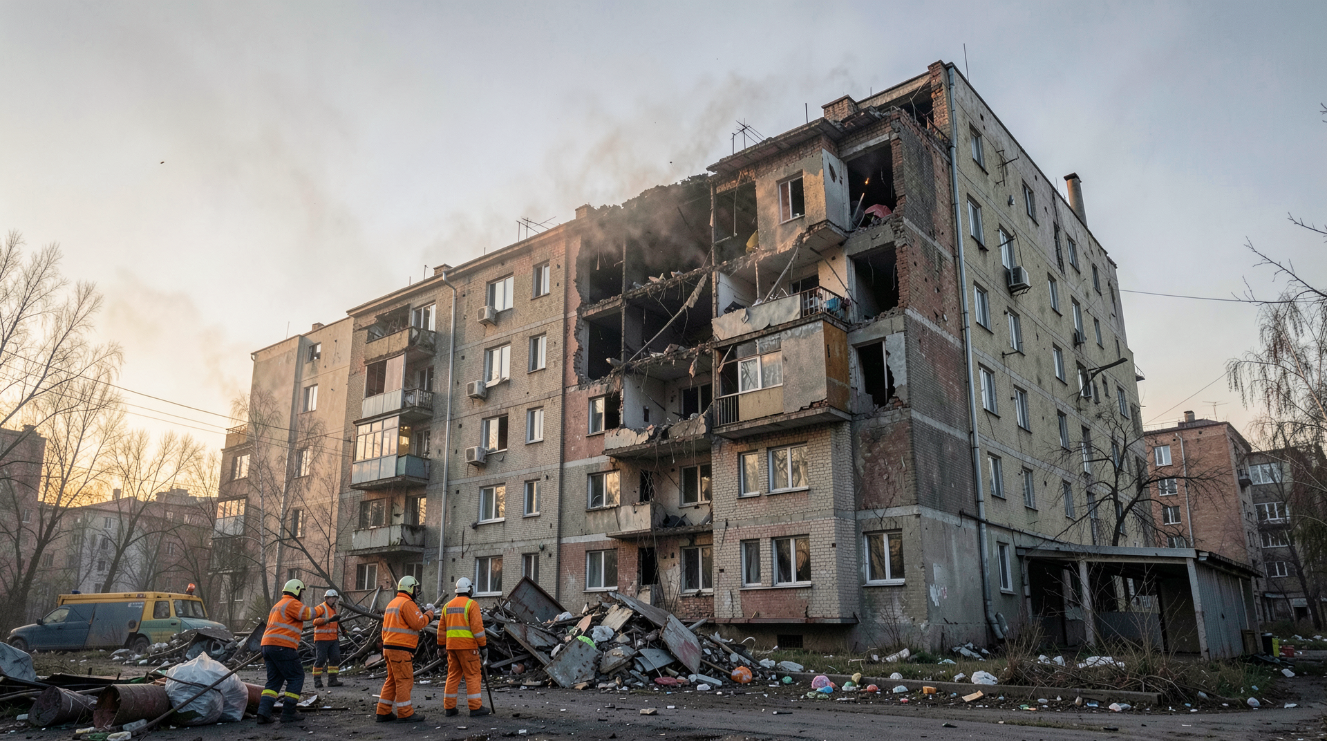 A bombed Kyiv apartment block at dawn with rescue workers carrying debris and a partially collapsed balcony in the background