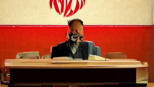 Tehran state-TV studio reading-room set with broadcaster behind a desk and national emblem behind