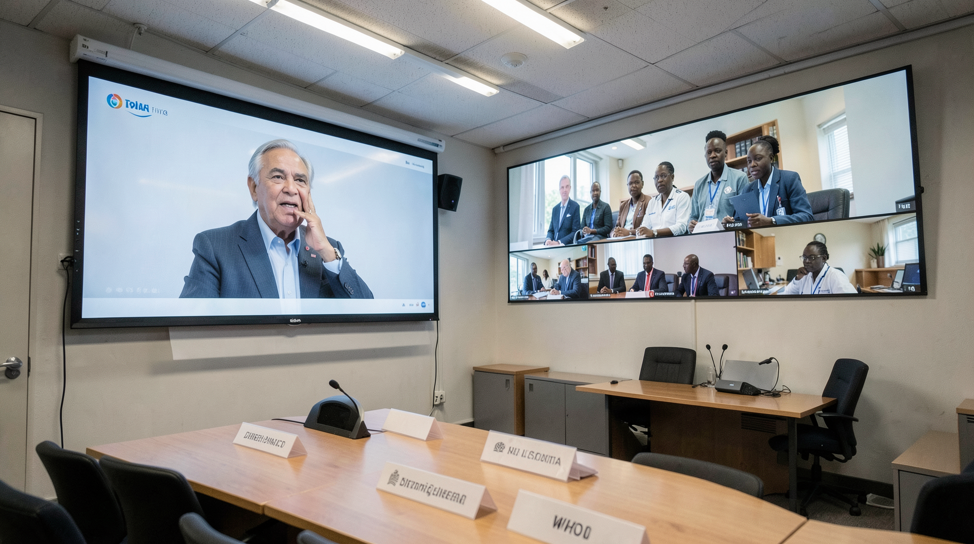 A WHO ministerial briefing room screen showing Tedros mid-speech with Africa CDC ministers on a video grid