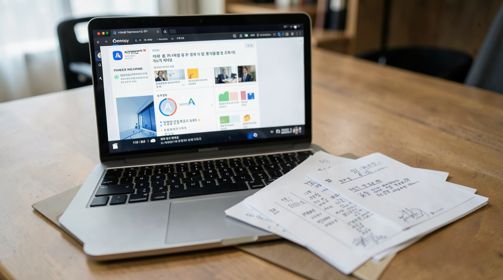 Anthropic newsroom page on a laptop beside Seoul office notes and financing documents