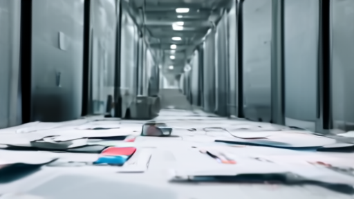 A data center corridor reflected in a polished conference table with ethics notes