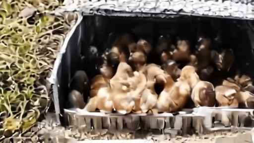 Child's rain boots beside a backyard brooder with chicks and ducklings