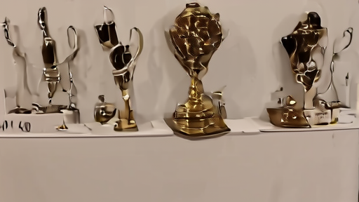 Awards-show press room with empty nominee placards and a trophy table under bright lights