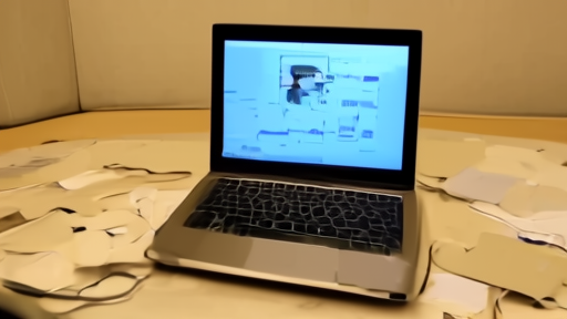 A laptop showing a removed-video notice beside a public access studio camera