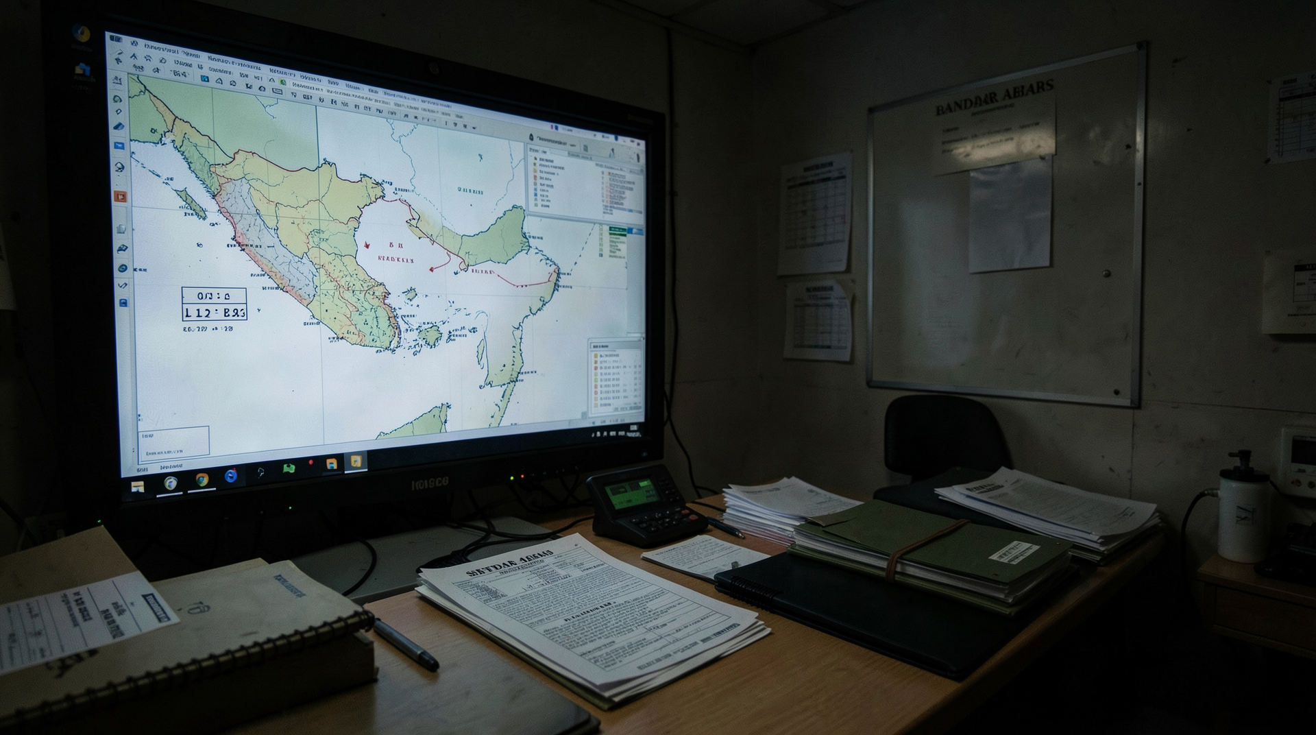 A military operations screen and Senate calendar show the Persian Gulf near Bandar Abbas