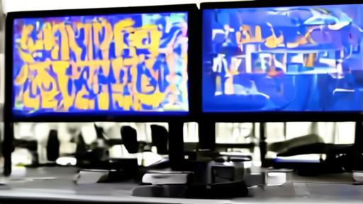 Empty basketball broadcast desk with Knicks graphics on monitors.