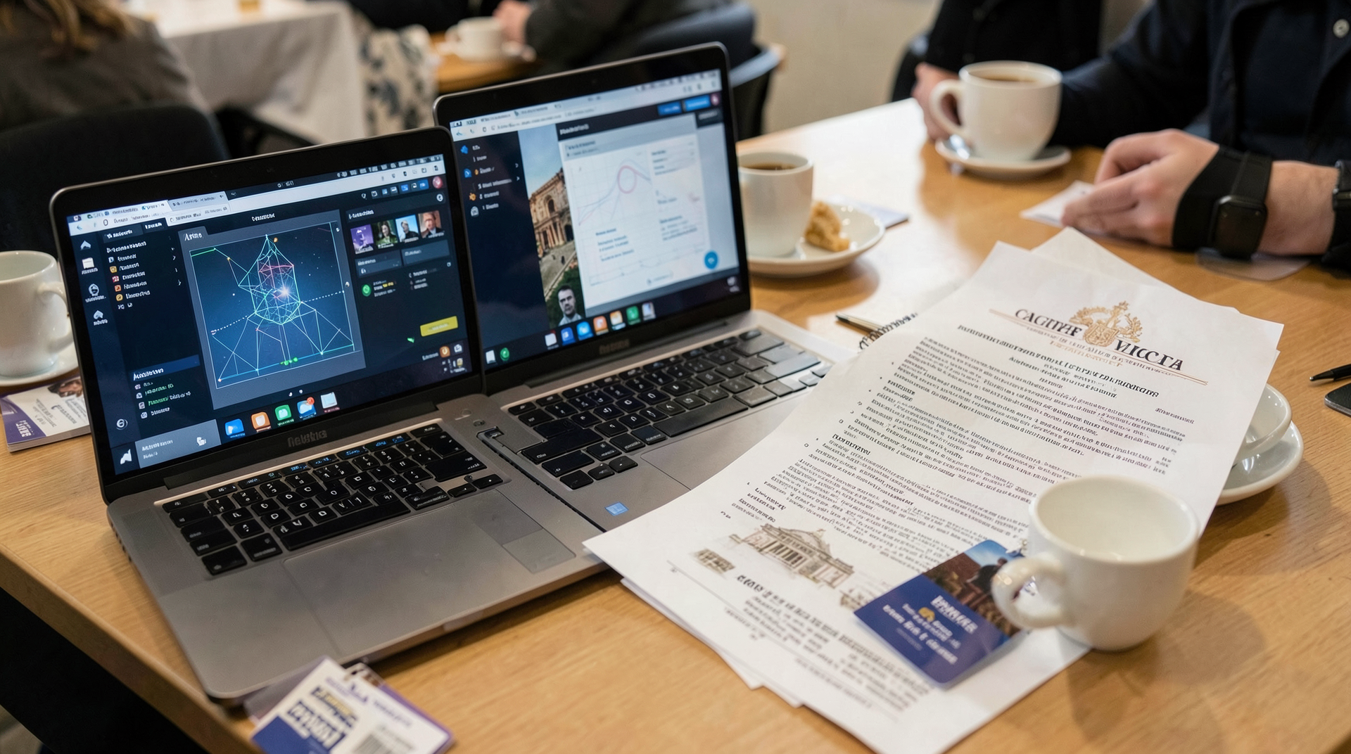 Developer laptops show agent dashboards beside a printed Vatican AI text