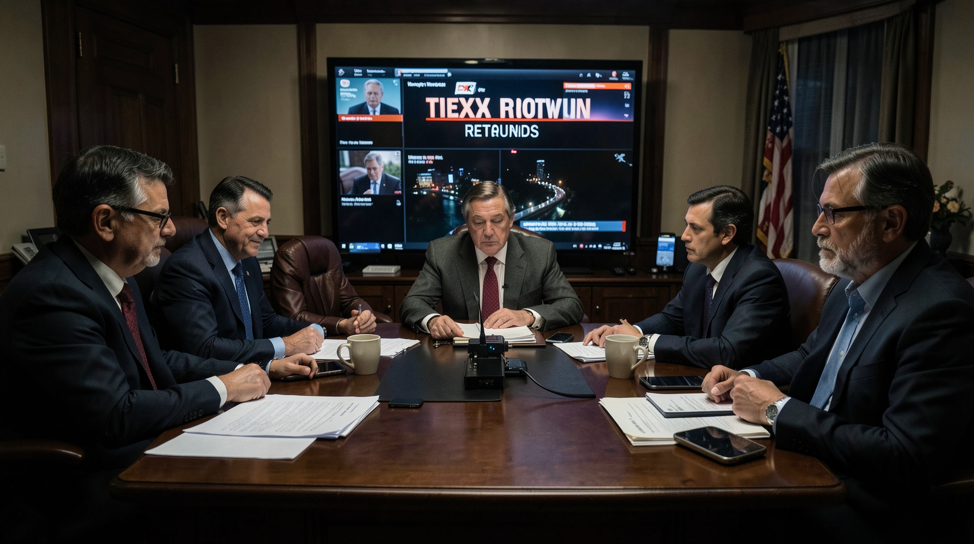 Campaign-night screens show Texas runoff returns as Senate papers sit on a desk
