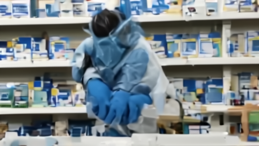 A hospital pharmacist checking PPE and medication protocols at a counter