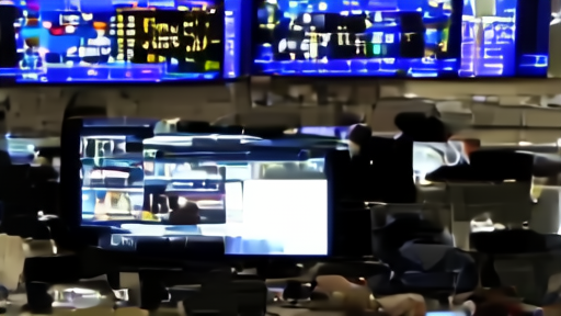 Market screens showing index gains and crude oil prices above a trading desk