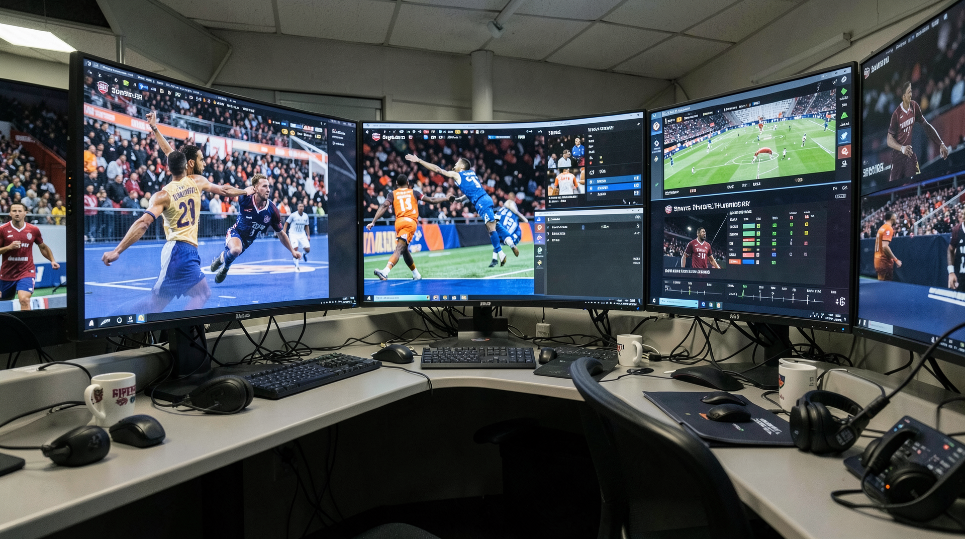 A basketball arena control room watches Spurs-Thunder highlights and ratings dashboards