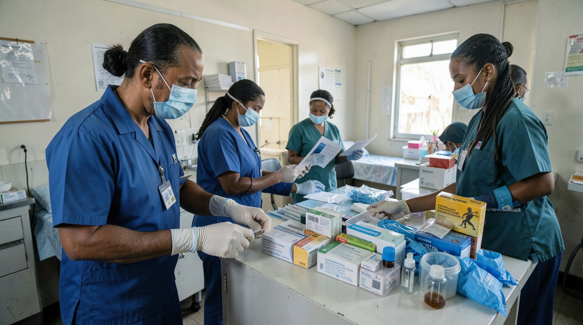 Public health workers review Ebola guidance beside medication boxes in a clinic
