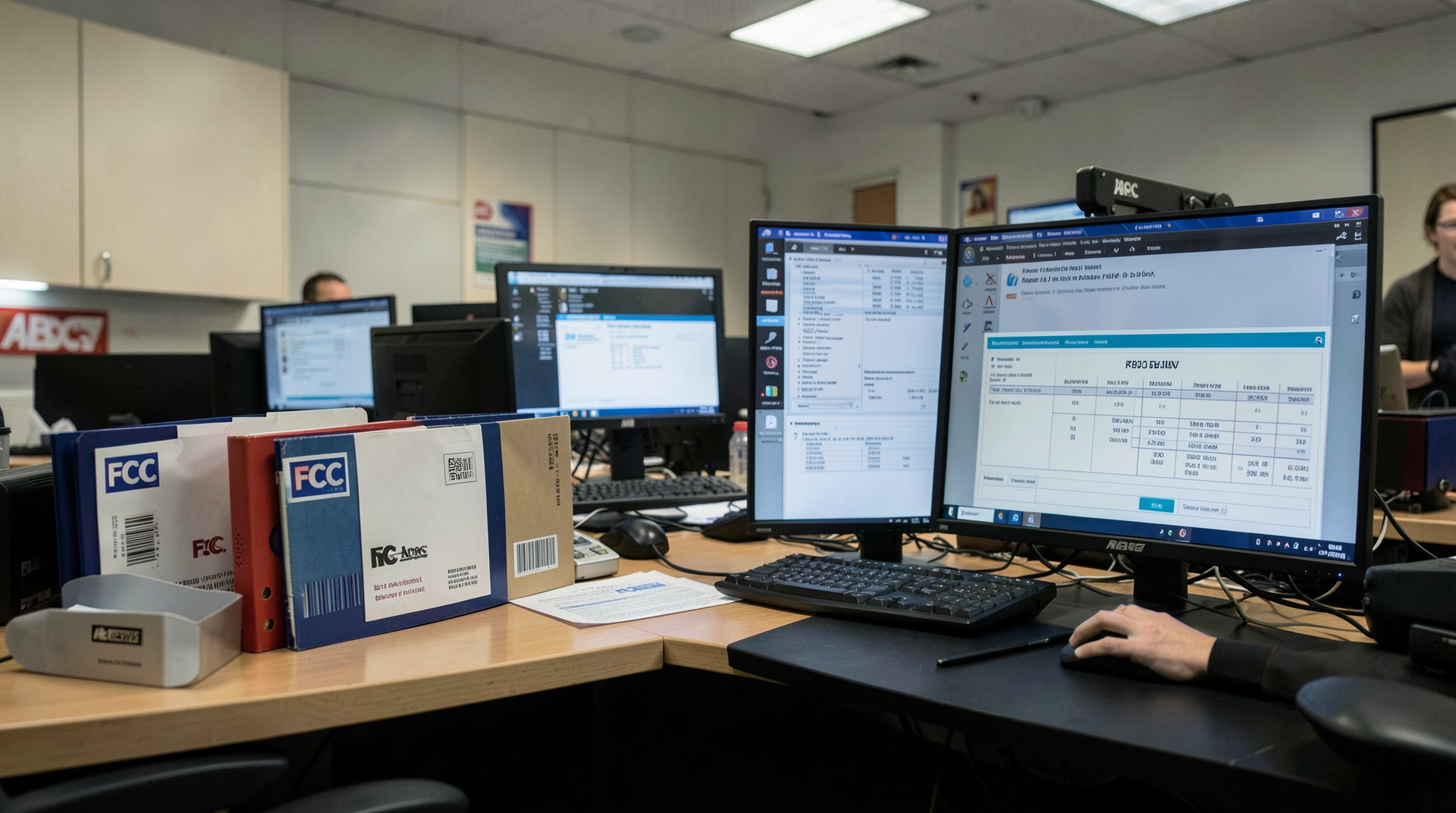 FCC license files sit beside ABC newsroom monitors