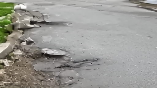 A neighborhood street with storm drains, sandbags and heat shimmer after rain