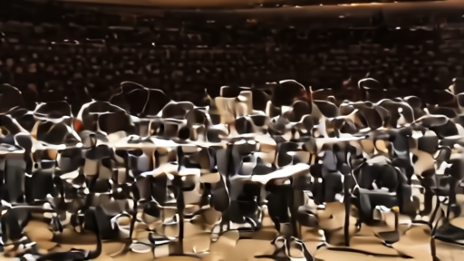 An arena floor with orchestral chairs, synthesizers and lighting trusses