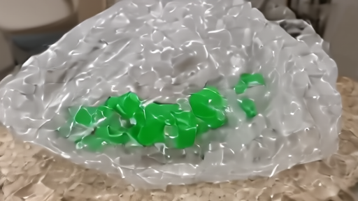 Green supplement bottles placed into a disposal bag on a kitchen counter
