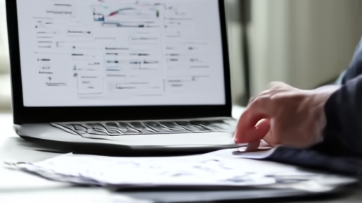 Accountant reviewing tax documents beside a laptop showing agent evaluation traces