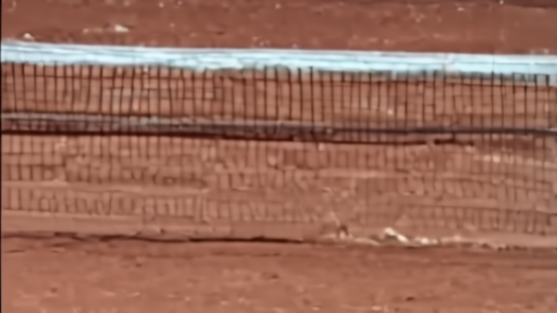A tennis draw board is changed beside a clay court walkway