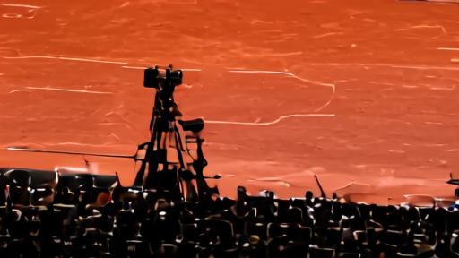 Television camera crane above a clay court at Roland Garros