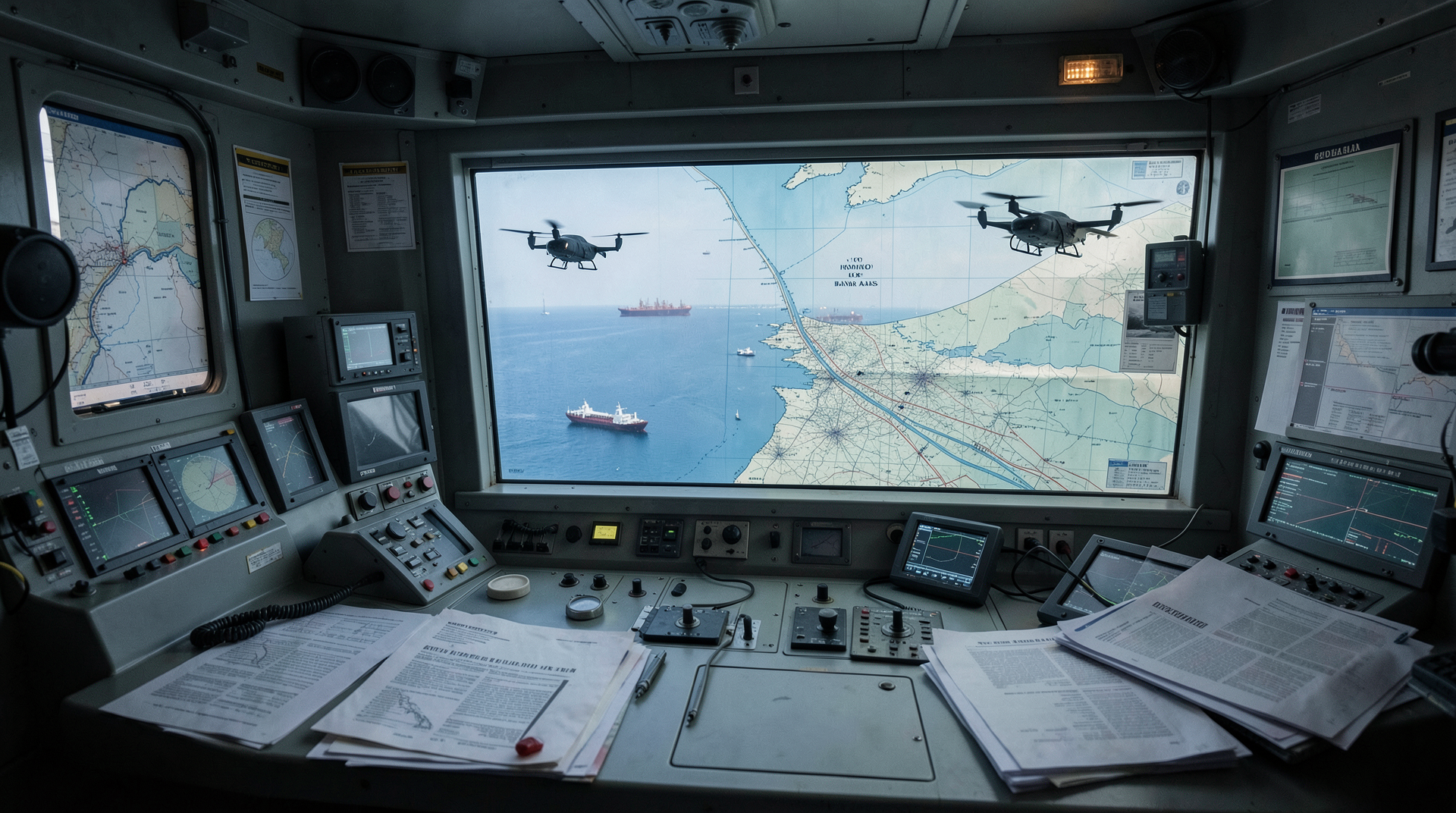 Operations screens show the Strait of Hormuz near Bandar Abbas