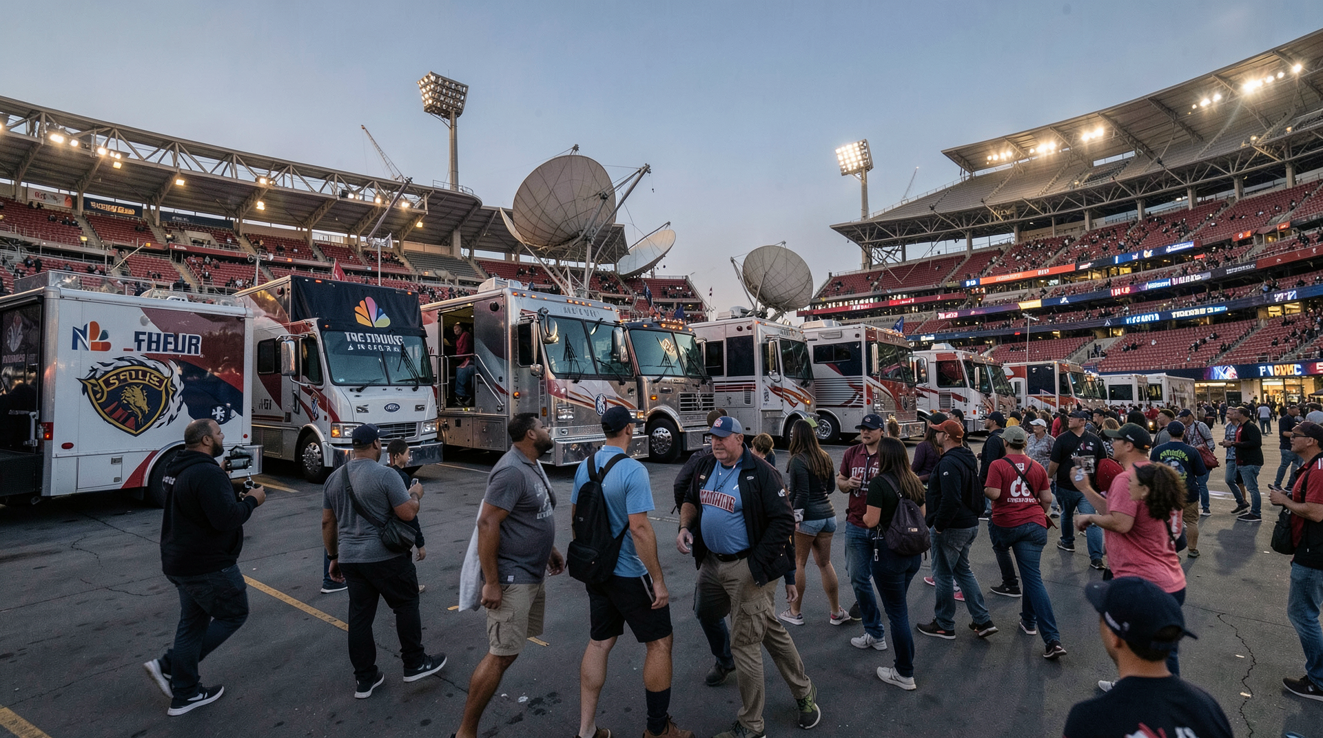NBC broadcast trucks outside an arena as Thunder and Spurs fans arrive