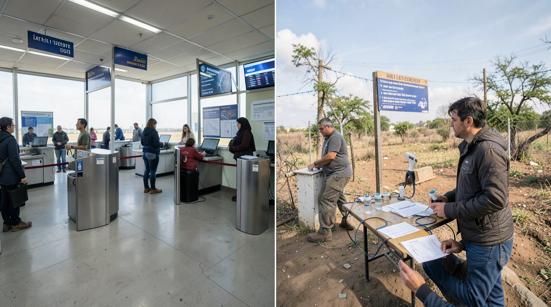 Airport passport-control booths beside a rural health checkpoint scene